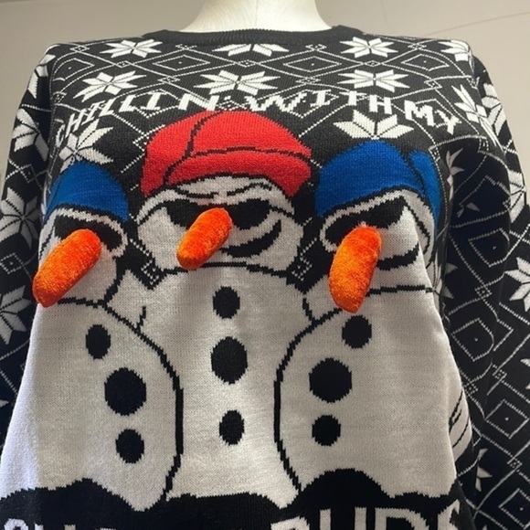 Fair Isle Holiday Sweater Black White Snowflake Snowman unisex Top Sz med - Picture 4 of 7